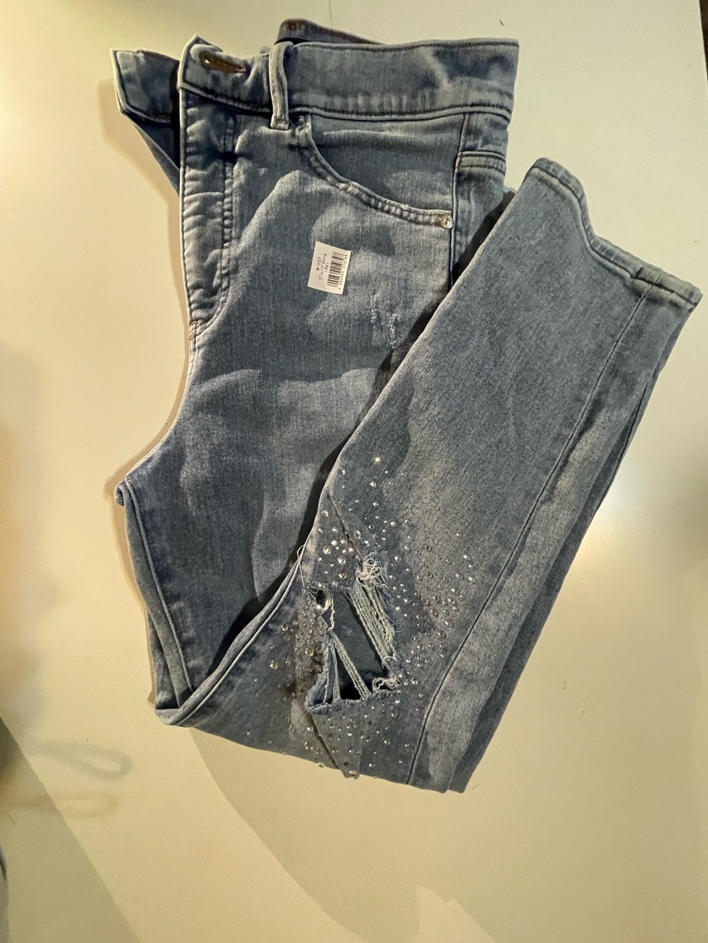 Express High Rise Light Blue Jeans with Distressed & Stud Detail